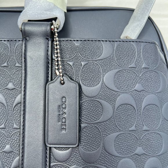 Coach NWT Logo Leather Midnight Navy SLIM Brief Case with Crossbody Strap - Picture 3 of 11